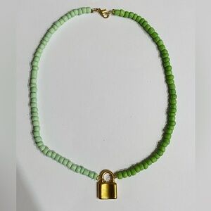 Green Ombré Beaded Necklace with Gold Lock Charm